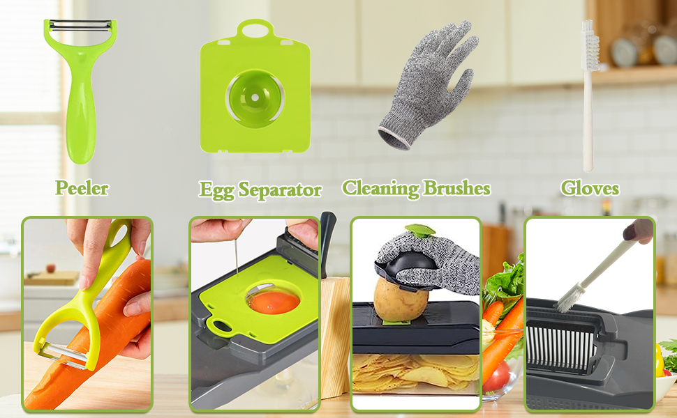 Багатофункціональний набір для нарізки овочів 18-в-1: нарізник, тертка, подрібнювач з 7 лезами, для цибулі, овочів, з рукавичкою, щіткою та стругачкою сірого кольору