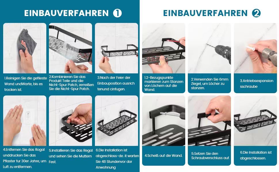 Полиця для душу без свердління, органайзер для ванної кімнати, 2 шт. корзини та полиці для душу, полиця для ванної кімнати з нержавіючої сталі, аксесуари для ванної кімнати, тримач для шампуню для душу з 4 клейкими поверхнями, чорний (алюміній)