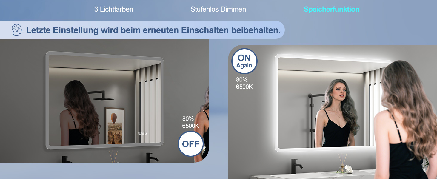 Дзеркало для ванної кімнати зі підсвічуванням STARLEAD 100x70 см, Bluetooth, антизапар, регулювання яскравості, 3 кольори світла, функція пам'яті, IP44, LED, горизонтальне/вертикальне, HD скло, Madrid Silver (Bluetooth)