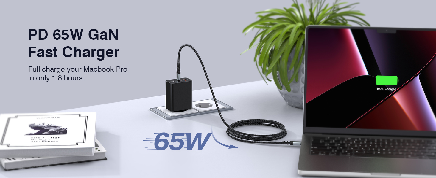 Зарядний пристрій USB-C 65W з 3 портами, чорний. Швидка зарядка для MacBook, iPhone, Switch, Galaxy, Tablet, Laptop