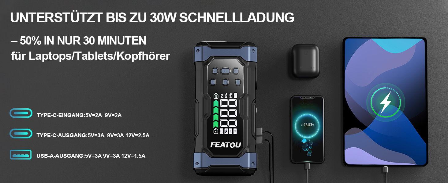 Powerbank для автомобіля Starthilfe 7000A з компресором 150PSI, 12V, до 10L дизеля, QC3.0, LCD, ліхтарик