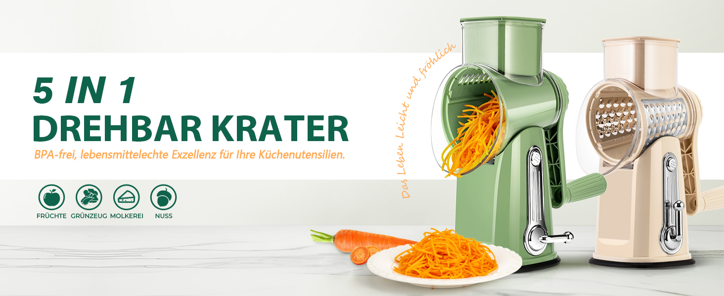 Тертка для сиру та овочів SUTEAS з ручкою - 5 насадок, потужний присосок, набір для нарізання овочів, ідеально підходить для сиру, огірків, моркви, горіхів, овочів, з коробкою для зберігання лез (Ретро-зелений)