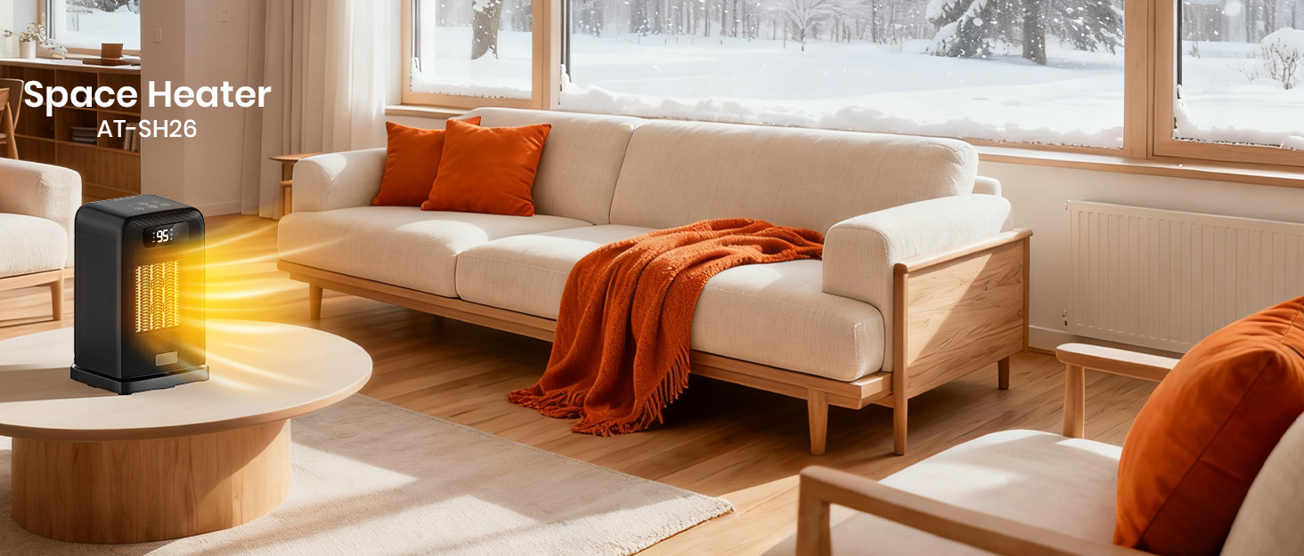 Електричний обігрівач 1500W з PTC керамічним нагрівачем, тихий, з термостатом та пультом дистанційного керування, ECO режим, 70° осциляція, 12h таймер, захист від перегріву та перекидання, чорний, 26 см