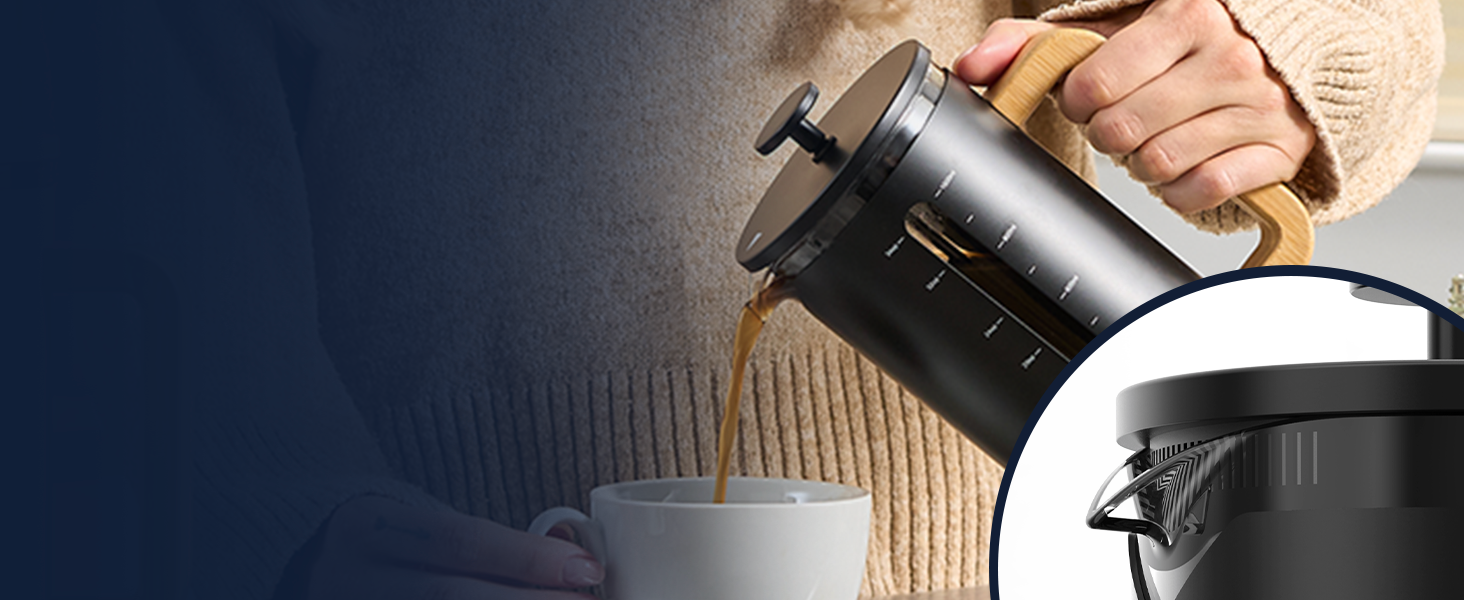 Френч-прес для кави Home Hero – 963.9 г, з бамбуковим руків'ям, скло Borosilikat, нержавіюча сталь, 4-шаровий фільтр, чорний