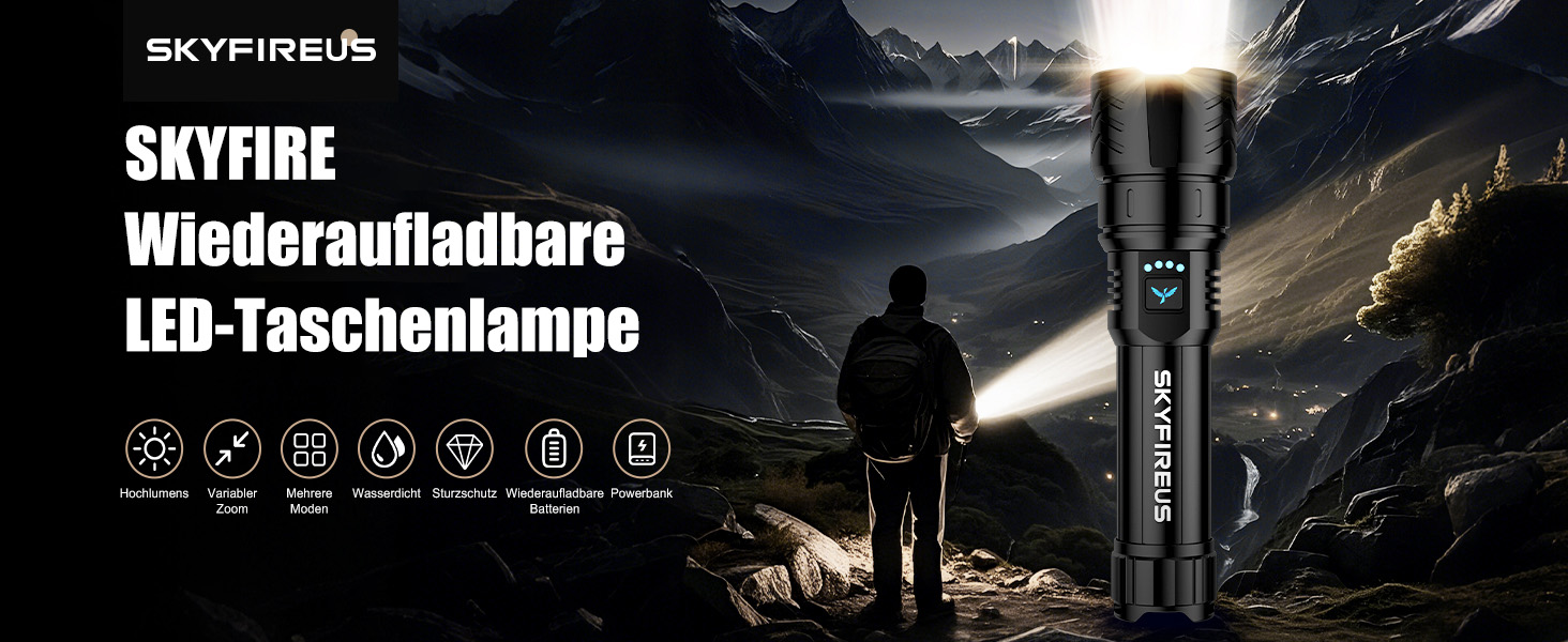 Ліхтар налобний LED Skyfire 900000 Люмен з лінзою для розпалювання вогню, USB, 4 режими яскравості, Zoom, для кемпінгу, надзвичайних ситуацій та походів, чорний