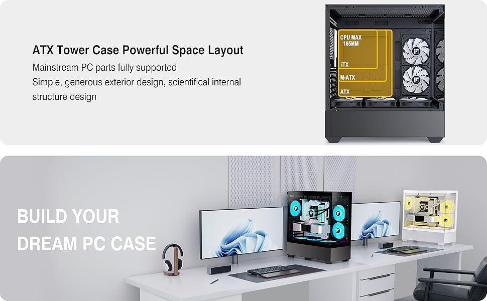 Корпус для ПК FOIFKIN F1: Ігровий Mid-Tower з 6 PWM ARGB-вентиляторами, ATX, Панорамне скло 270°, Type-C (Чорний)