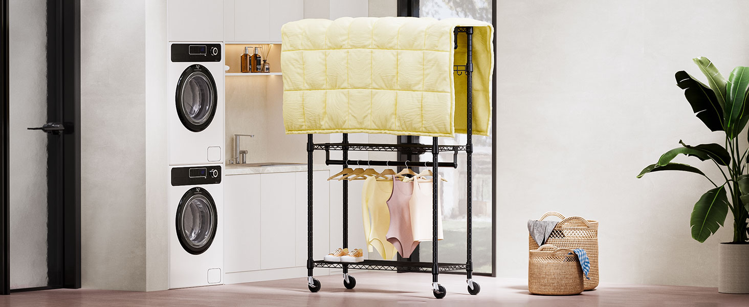 Міцний мобільний вішак для одягу з 3 рівнями, регульованими полицями, 2 штангами та гачками, чорний 40x75x189.3 см