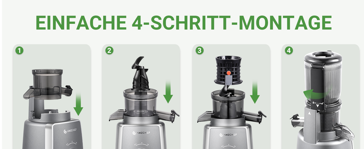 AMZCHEF Соковитискач Slow Juicer з широким отвором - 250W, для овочів та фруктів, тихий мотор, функція реверсу, 2 фільтри, сірий