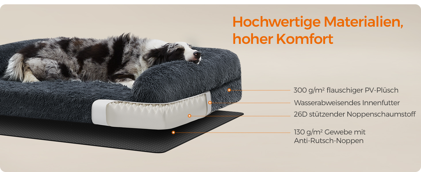Feandrea FluffyHug Dog Bed, Dog Cushion Size XL, Dog Mat for Medium and Large Dogs, Dog Sofa with Ruffle Foam, Removable and Washable Cover, 106 x 80 x 23 cm, Ombré Grey PGW233G01 (XL (106 x 80 x 23 cm), dark grey)