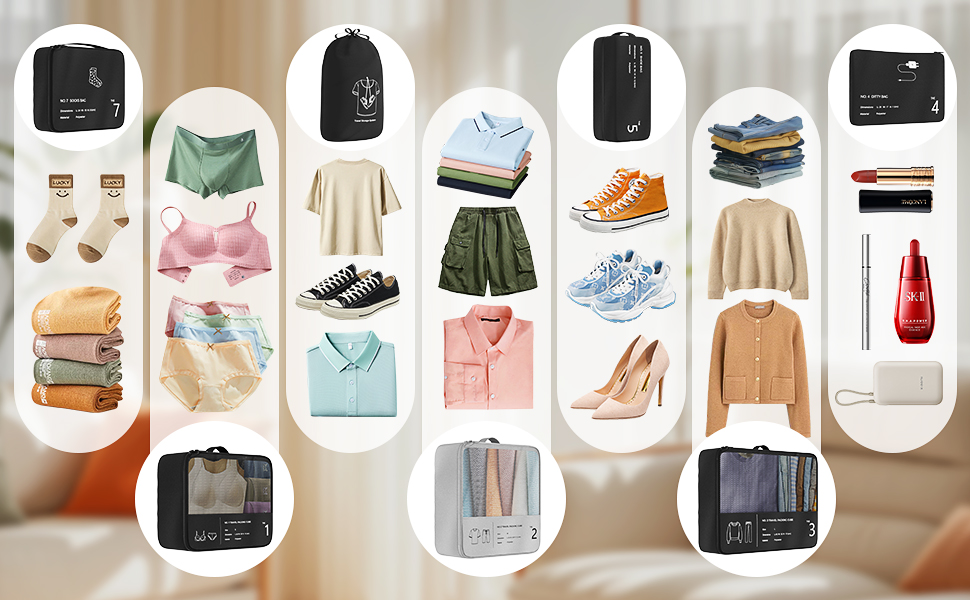 Органайзер для валізи Yomisee, набір 7 шт. - комплект кубиків для пакування, туристичні сумки для одягу, чорний