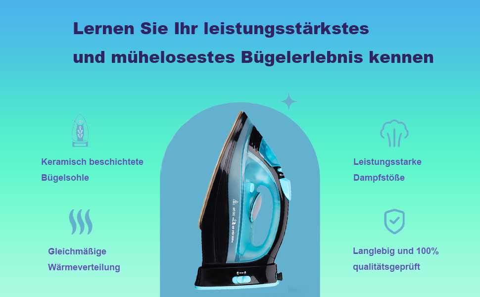 Пароочищувач для одягу бездротовий 2400 Вт з керамічною підошвою, функцією вертикального прасування, захистом від накипу та самоочищенням, блакитний