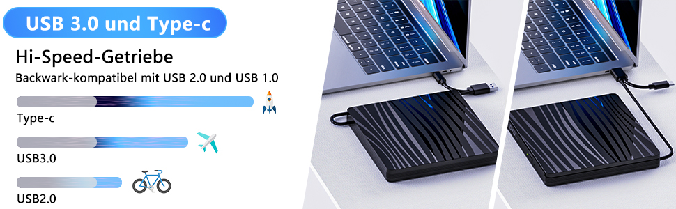 Зовнішній DVD-накопичувач USB 3.0 та Type-C, портативний CD/DVD +/-RW записувач для ноутбука, ПК, MacBook, iMac (Windows, macOS, Linux), чорний