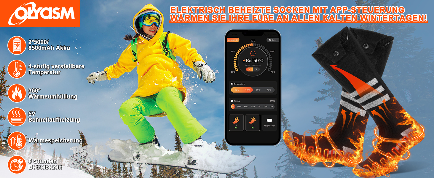 Гріючі шкарпетки для жінок та чоловіків, 5000/8500mAh з додатком, повна підошва, акумуляторні, миючі, 4 режими нагріву, для зимового кемпінгу, полювання, риболовлі, їзди на конях, катання на лижах, розмір M