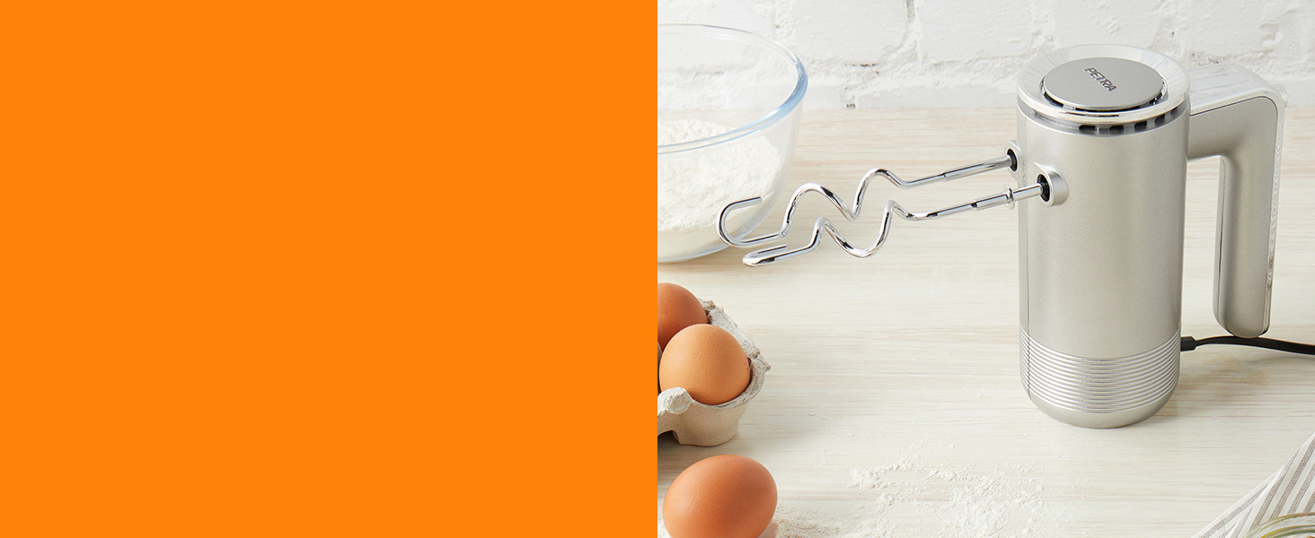 Ручний міксер Petra 300W з 5 швидкостями, турбо-функцією, гаками для тіста та вінчиками, сріблястого кольору з підставкою