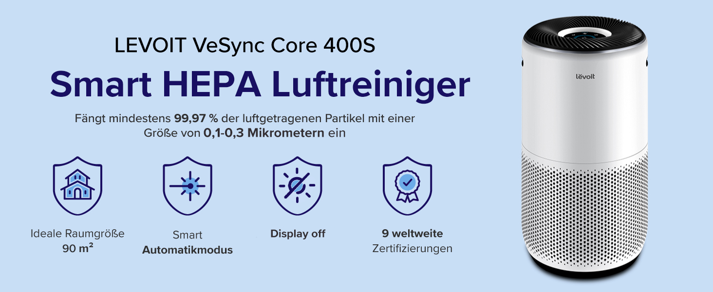 Повітряочищувач LEVOIT Core 400S з HEPA-фільтром та активованим вугіллям, для алергіків, до 90 м², тихий, PM2.5, автоматичний режим, керування через додаток та Alexa, сріблясто-білий
