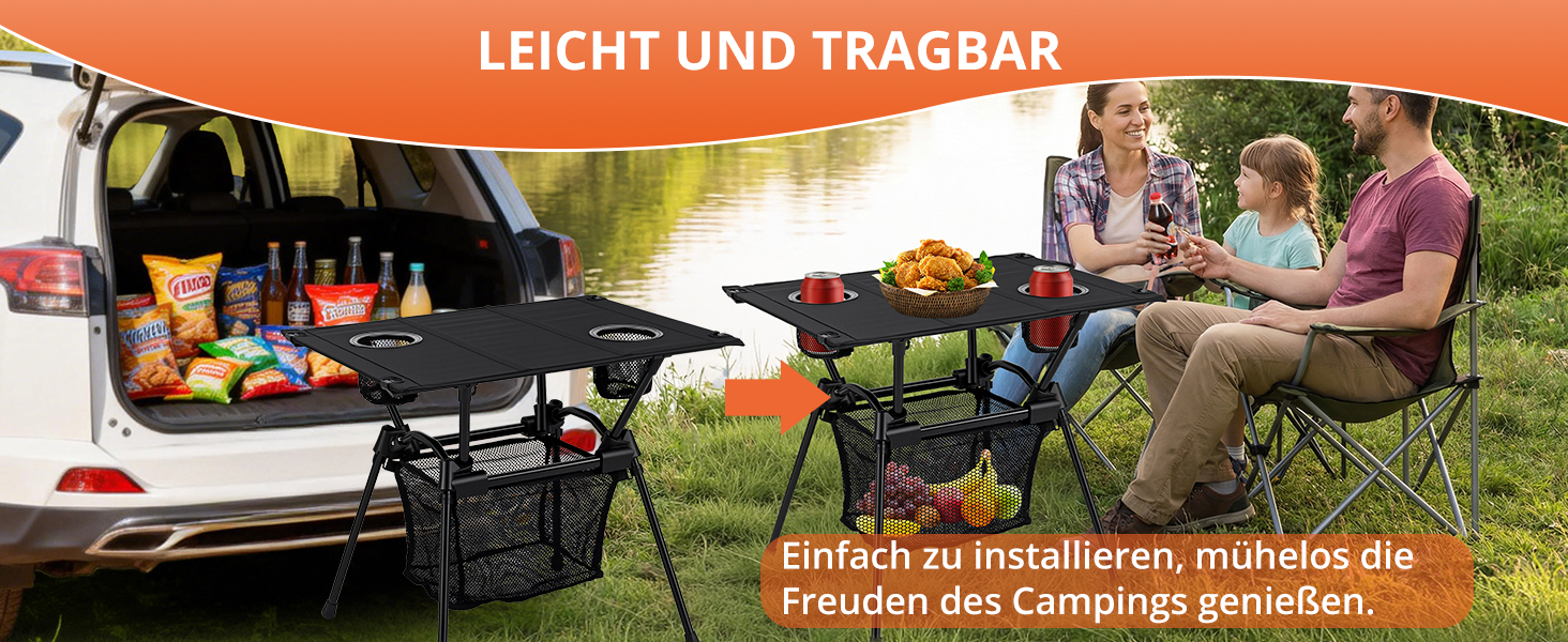 FUNYKICH Складаний туристичний стіл для кемпінгу 82 x 40 см, регулювання висоти (44/70 см), легка збірка, портативний стіл з сітчастою кишенею, алюмінієва розкладна стільниця для барбекю, кемпінгу, вечірки, саду (тканинна стільниця - 59 x 43 x 51 см)