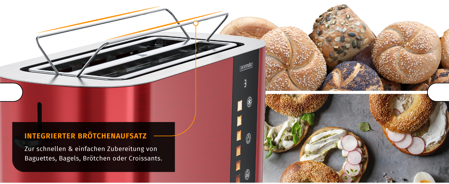 Тостер Arendo з нержавіючої сталі, 4-х секційний, з широкими слотами, сенсорний дисплей, подвійні стінки, 1500 Вт, підставка для булочок, 6 рівнів підсмажування, центрування хліба, індикатор часу, функція пам'яті (червоний)