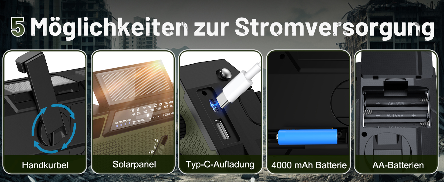 Радіо-кринка Notfall Weltempfänger 4000 mAh (14800 mWh) з 3 кабелями. Радіо для надзвичайних ситуацій з ручкою та сонячною панеллю, живлення від акумулятора, AM/FM/WB, SOS-сигнал, ліхтарик для надзвичайного спорядження Green