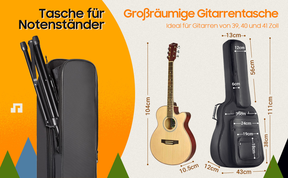 Чохол для гітари Gig Bag Cahaya: водонепроникний, з кишенями для аксесуарів та підставка для нот, 40/41 дюйм