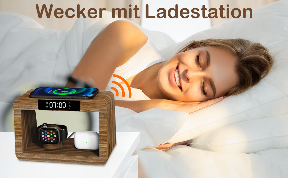 Багатофункціональна бамбукова зарядна станція 5-в-1 з бездротовим зарядним пристроєм, світлодіодним нічником та годинником, сумісна з Apple Watch, AirPods, Samsung Galaxy та іншими пристроями