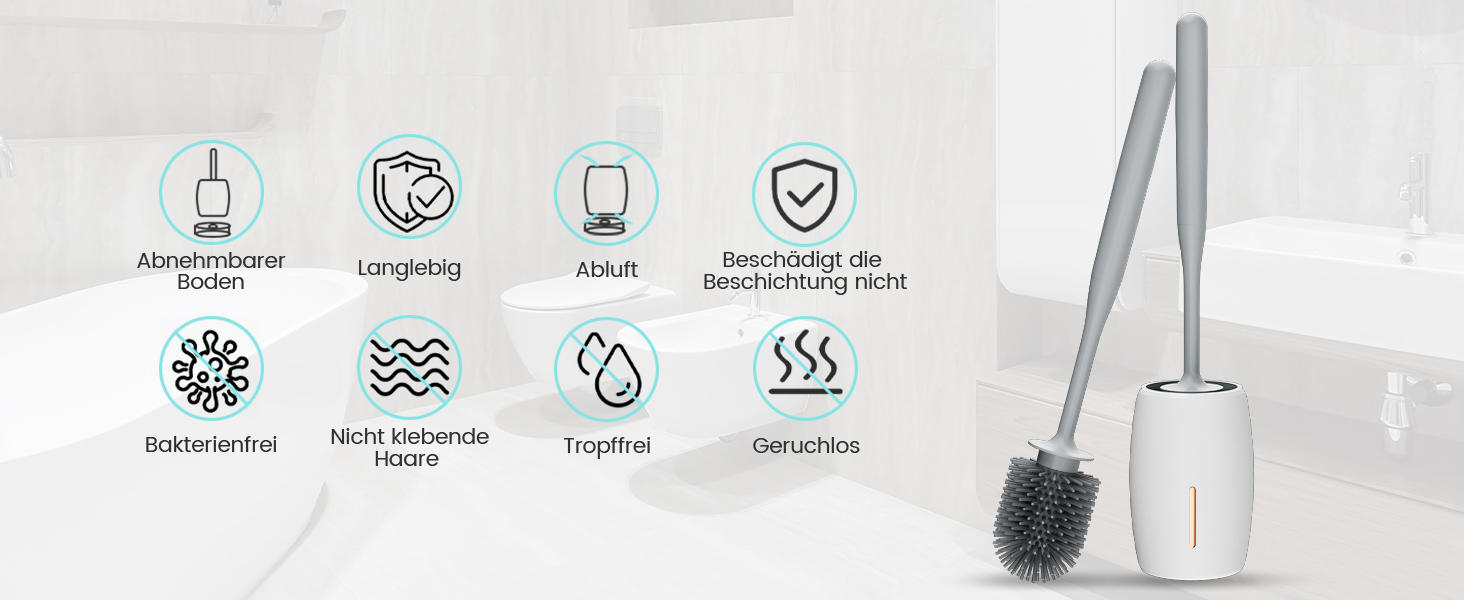 Силіконова щітка для унітазу Maxuni Stück з тримачем, без свердління, для кріплення на стіну/підлогу, довгий руків'я