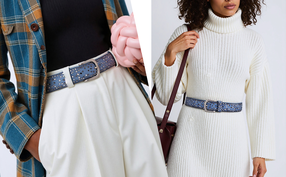 Жіночий шкіряний ремінь 110 см з зірковими застібками, ширина 3.8 см, універсальний для джинсів, суконь, штанів та шортів, регульований, вінтажний, з металевою пряжкою (синій)