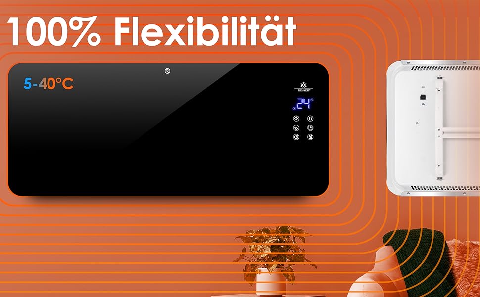 Електрична скляна панельна батарея KESSER® з Wi-Fi, сенсорним екраном та пультом керування | 2000 Вт, білий/чорний | для дому та офісу