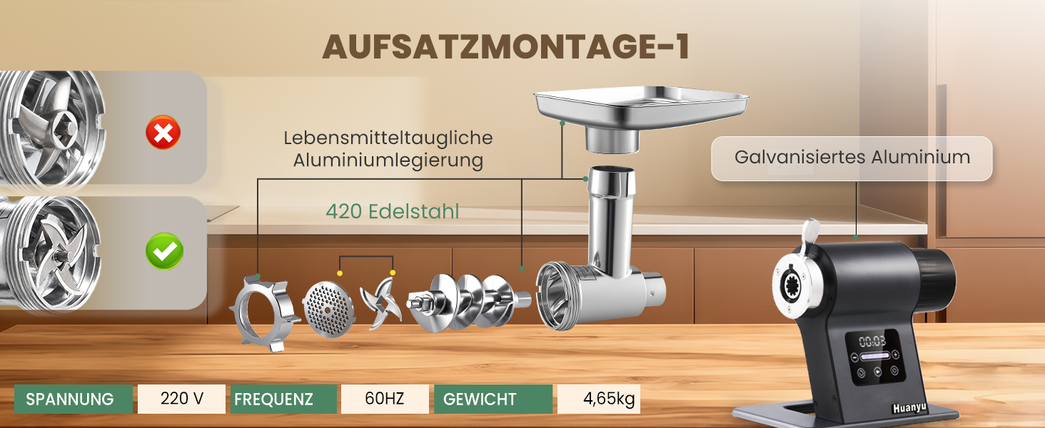 М'ясорубка електрична Huanyu 2000 Вт з сенсорним керуванням, багатофункціональна з 2 ножами та 3 дисками