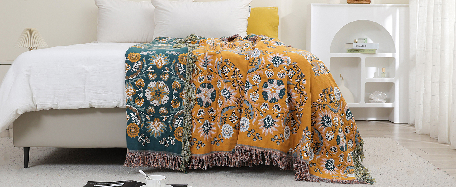 Покривало HOORDRY Boho для ліжка та дивана, бавовняна двостороння ковдра 150×200 см з китицями, жовто-зелене, для спальні та вітальні