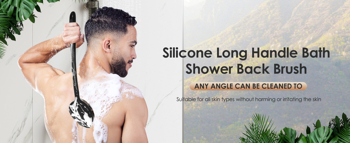 Силіконовий скребок для тіла під душ з довгим ручним держаком, двосторонній скребок для душу для пілінгу та масажу, створює багату піну, скребок для спини з довгим ручним держаком для чоловіків (Carbon Black)