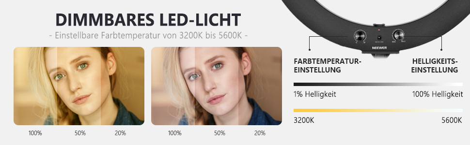 NEEWER Ringlicht RP20-B 20 дюймів LED кільцеве світло з триподом та тримачем для телефону, 44 Вт, 3200K-5600K, з акумулятором, USB, для макіяжу, татуювань, вій, YouTube, TikTok, відеозйомки