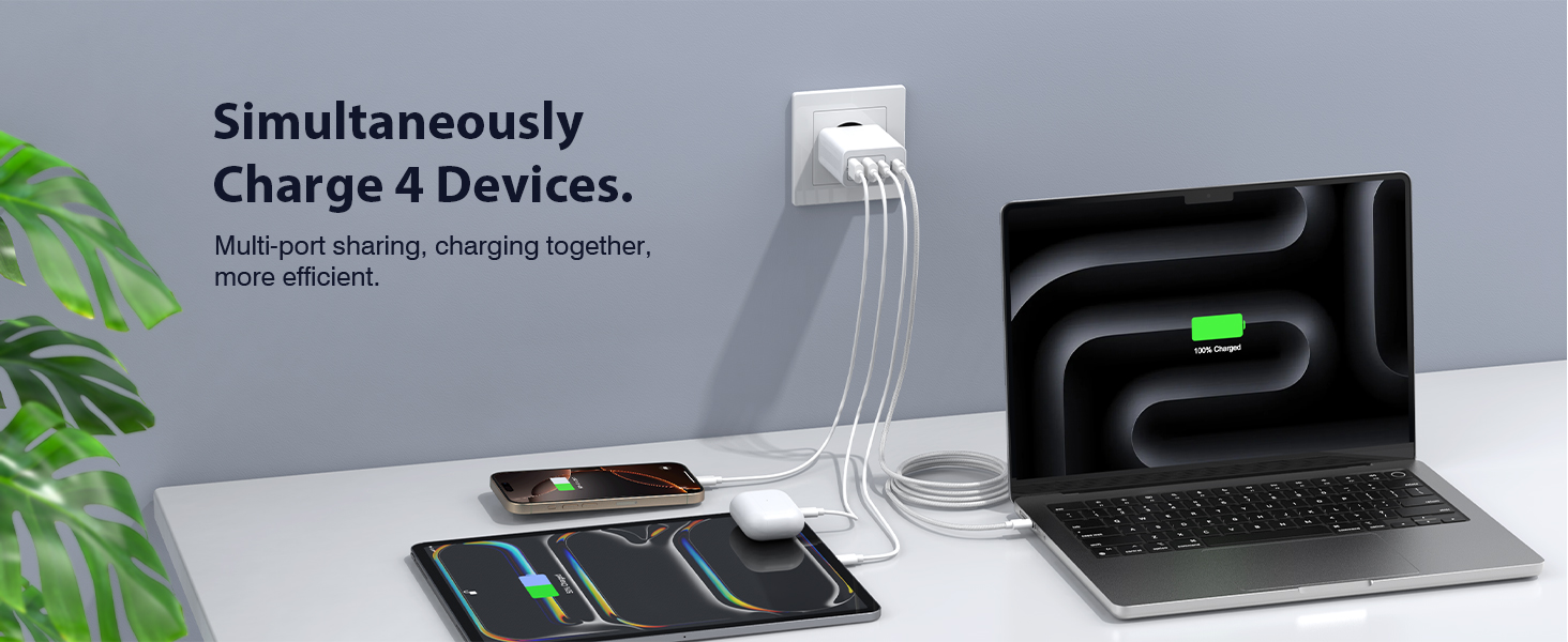 65W USB-C зарядний пристрій 3-портовий з кабелем 2м: для MacBook, iPhone, Switch, Galaxy, Tablet, Laptop