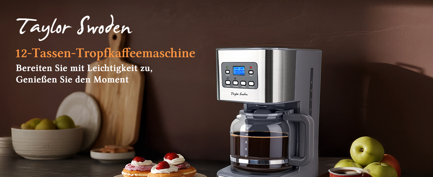 Кавомашина Taylor Swoden Darcy 950W з таймером, 1.5L, 12 чашок, автоматичне відключення, система захисту від протікання, багаторазовий фільтр, BPA-free, сірий (2 шт.)