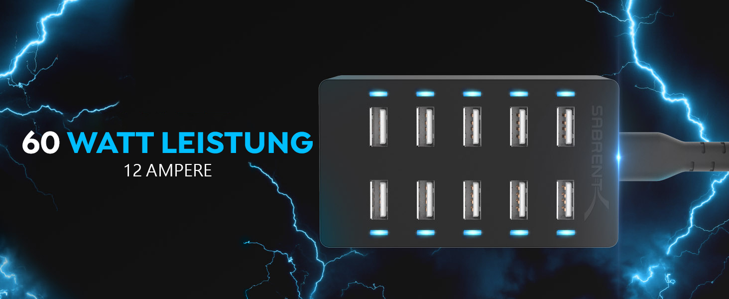 Зарядний пристрій Sabrent USB 60W, 10 портів, швидка зарядка для MacBook, ноутбуків USB-C, iPhone, Samsung Galaxy (AX-TPCS) - Чорний