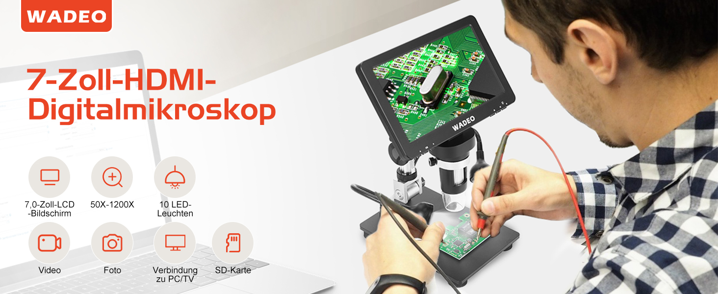 Цифровий мікроскоп WADEO USB HD з зумом 50x-1600x, портативна інспекційна камера з 8 LED, сумісний з iOS, Android та планшетами (7 дюймів)