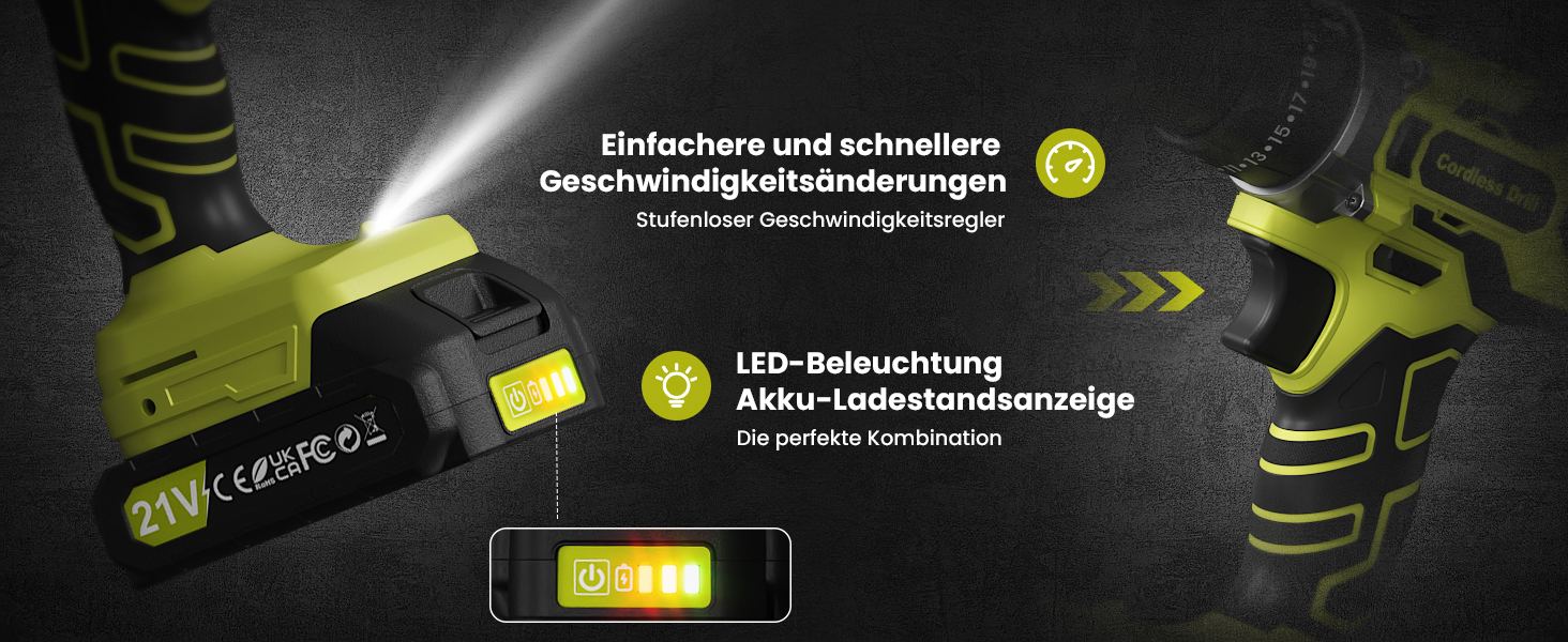 Акумуляторний дриль-шуруповерт 21V з 2 акумуляторами 2000mAh, 45Nm, 2 швидкості, 25+3 ступені крутного моменту, патрон 10мм, 27 предметний набір та кейс для дому та DIY