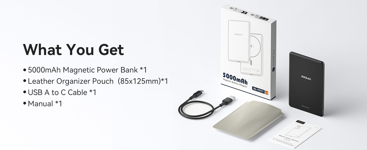 Power Bank Kuulaa Ultra Slim Magsafe, 5000mAh, бездротова зарядка, Type-C, 20W, чорний
