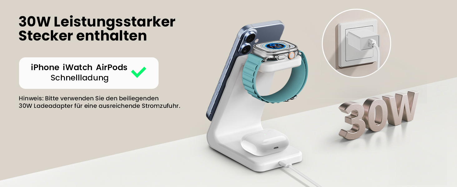 GEEKERA 3-в-1 зарядний пристрій Qi2 з MagSafe, 15W індукційна станція для iPhone 17/16/15/14/13/12, Apple Watch 11-2 та AirPods, білий/сірий