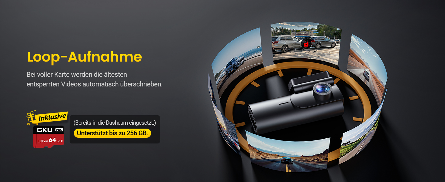 Автомобільний відеореєстратор GKU 4K+1080P (передній та задній), 5GHz WiFi, з карткою пам'яті 64GB, глянцевий чорний
