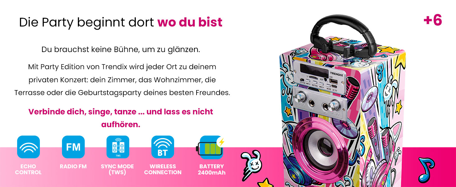 Караоке машина Trendix для дітей Party Edition Рожева з 2 мікрофонами, USB, Bluetooth, FM-радіо та SD-картою | Дитяча музична колонка з мікрофоном | Подарунок