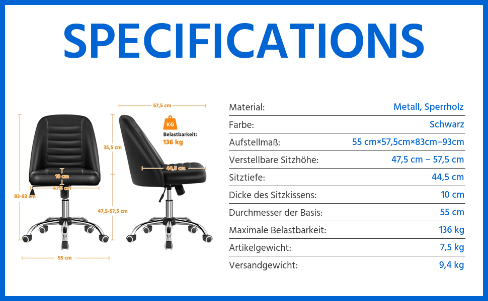 Офісне крісло Yaheetech без підлокітників, обертове, на роликах, регульоване по висоті, чорне, з штучної шкіри