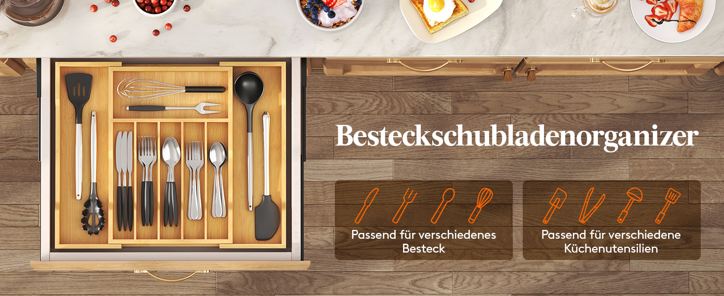 Органайзер для столових приборів Lifewit для шухляд 43 см, дерев'яний, розширюваний (31-53 см), бежевий