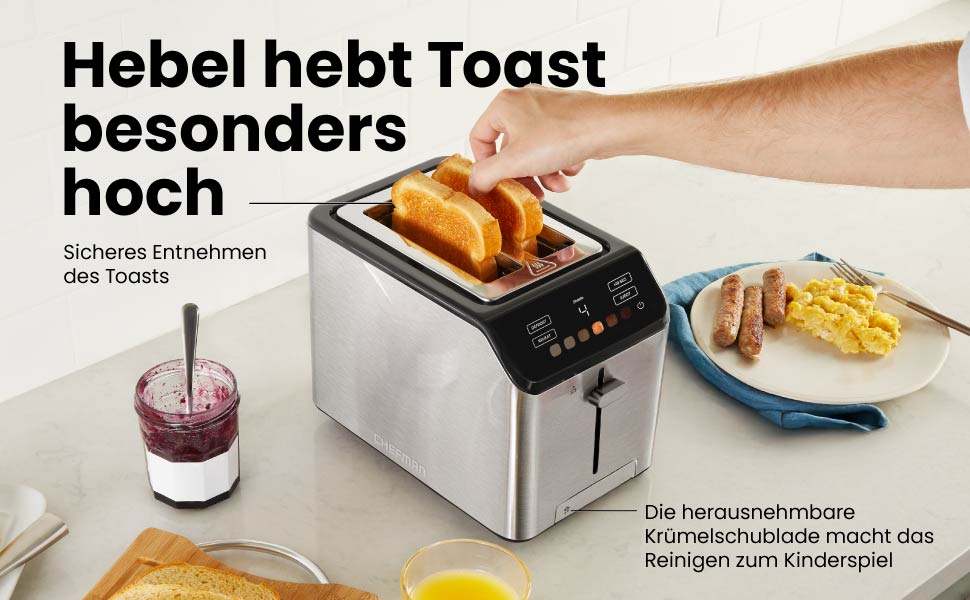 Тостер Chefman з цифровим керуванням, нержавіюча сталь, 2 слоти, 7 рівнів підсмажування, для тостів, багетів та розморожування