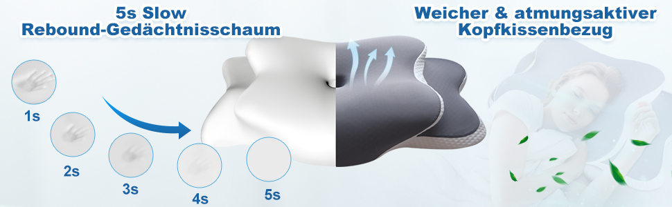 Подушка для шиї та голови: ергономічна подушка з Memory Foam для сну на боці, спині та животі, з ефектом охолодження, знімний чохол (сіра)