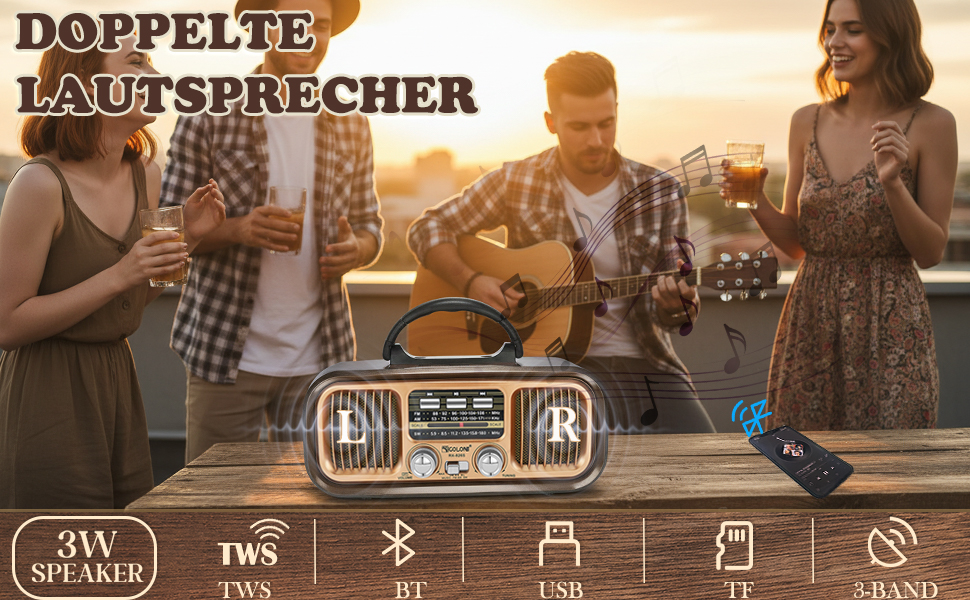 Ретро Радіо Klein з Bluetooth, AM/FM/SW радіо, портативне, з сонячною панеллю, USB/TF картка, 1200mAh, подвійний динамік