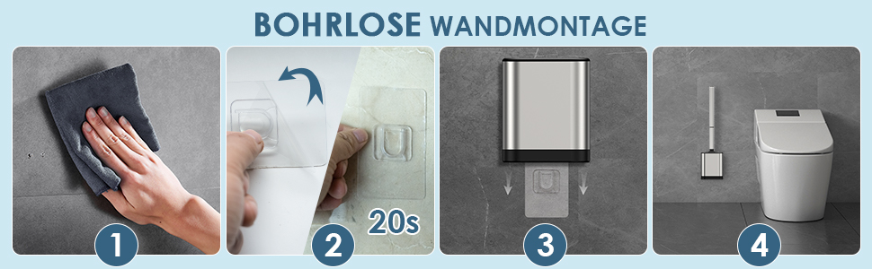 Силіконова щітка для унітазу Klobürste з нержавіючої сталі та контейнером, гнучка щітка для унітазу, настінний монтаж без свердління, срібна