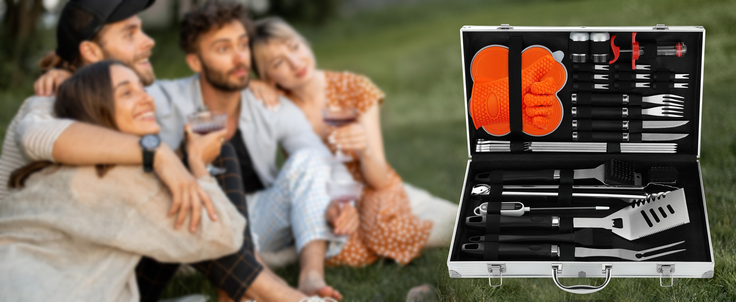 Набір аксесуарів для гриля N NOBLE FAMILY 30шт з нержавіючої сталі - професійний, довговічний, у кейсі. Подарунок для чоловіків та жінок.