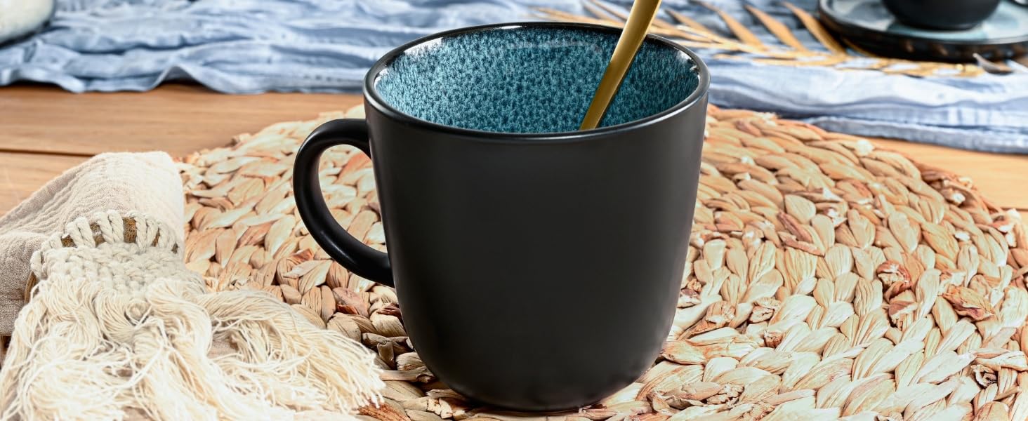 Набір посуду SÄNGER Vigo (18 предметів) | Керамічний набір посуду на 6 осіб | Тарілки, миски, десертні тарілки | Bluе з чорним бордюром, стійкий до подряпин