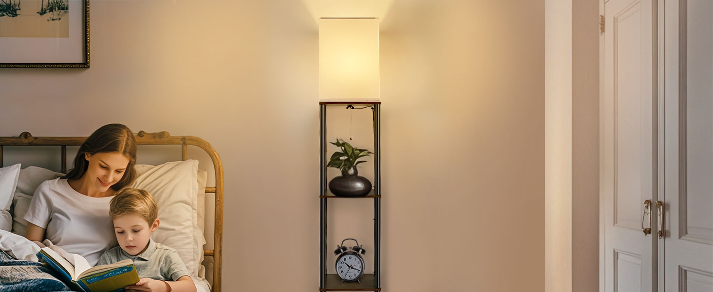 Сучасна торшер BBHome з полицею, регульоване LED освітлення 3 кольорів, 9W, для вітальні, спальні, офісу, дерево, білий/rustikales Braun
