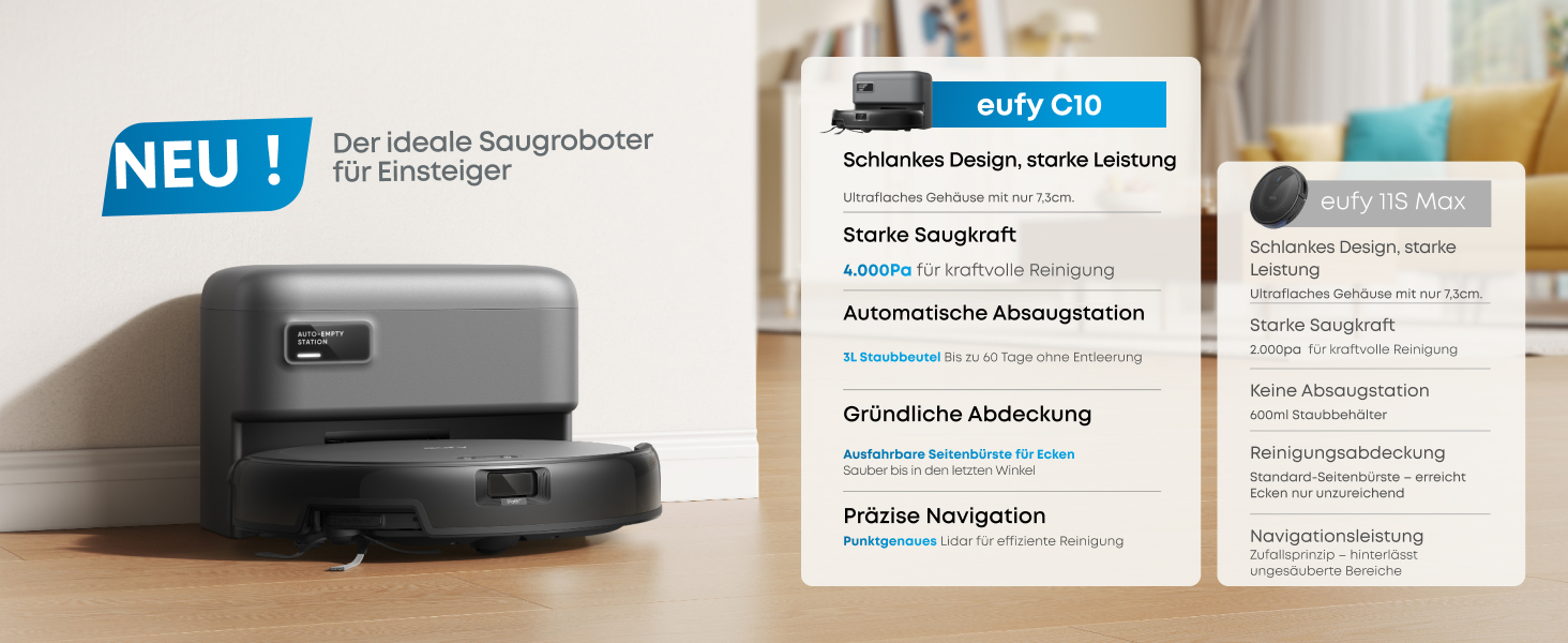 Робот-пилосос eufy C10 з автоматичною станцією самоочищення, ультратонкий 7,3 см, очищення килимів, бічна щітка для кутів, точкова лазерна та інфрачервона навігація